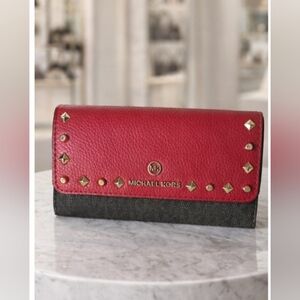 Michael Kors Red and Black Wallet with Gold Studs